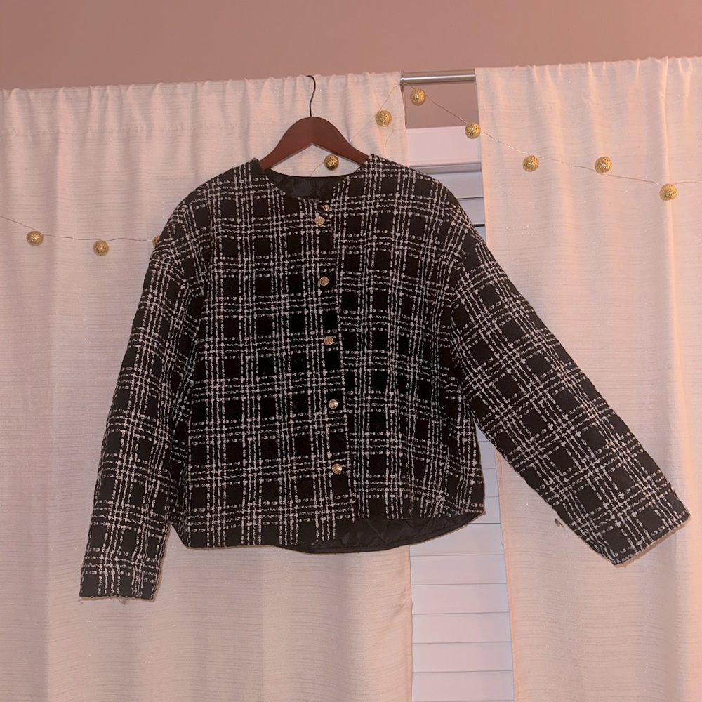 Metallic Plaid preppy Zara jacket with gold buttons size XL